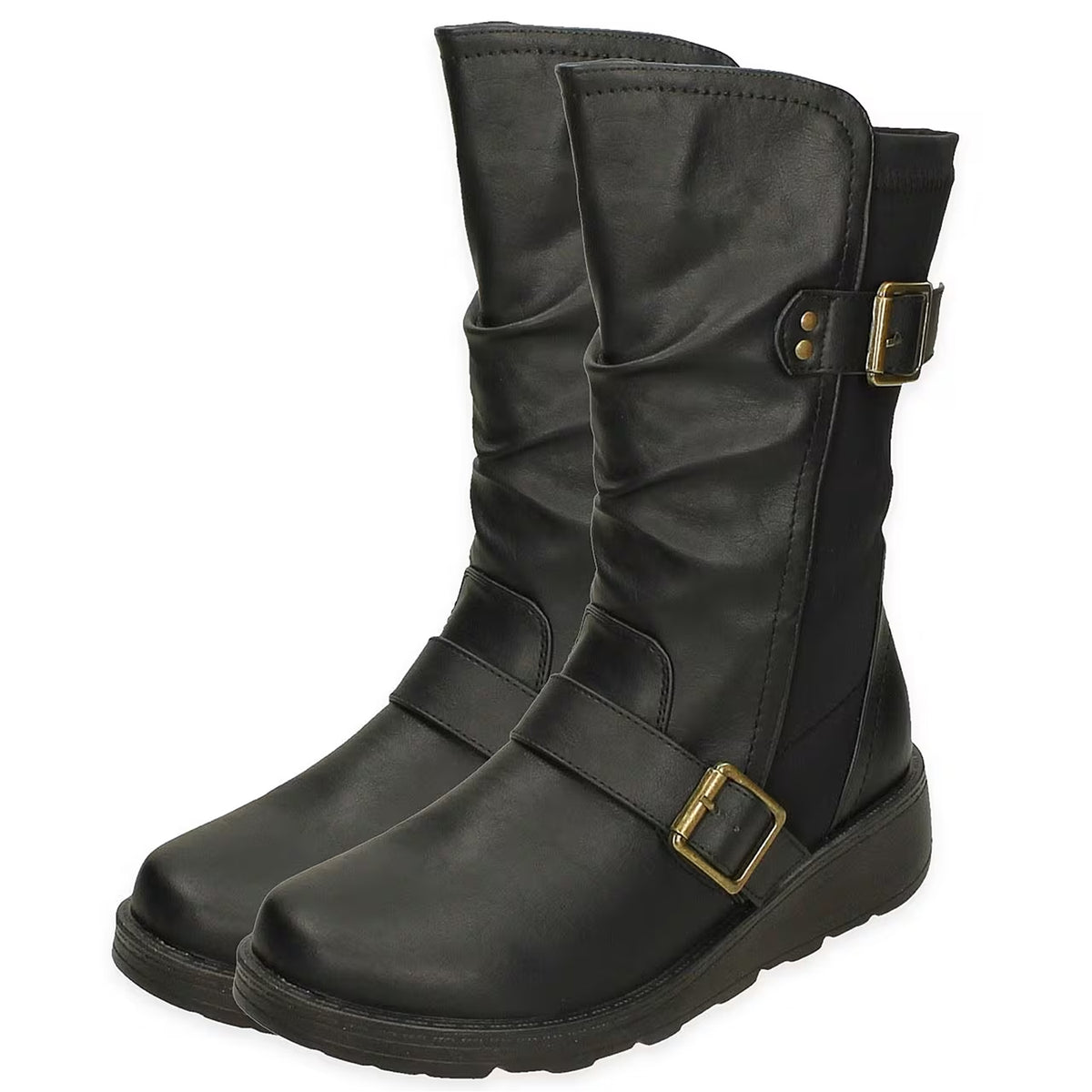 Ladies Mid Wedge Sole High EEE Wide Fit Boots with 2 Buckle Straps - Black V32514267 0