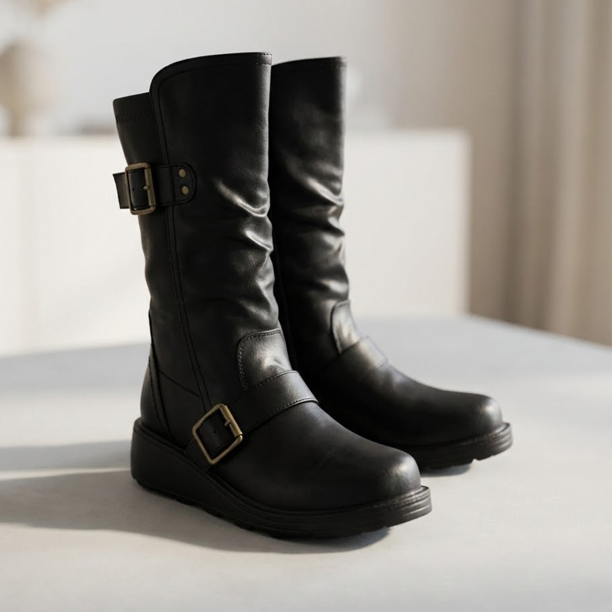 Ladies Mid Wedge Sole High EEE Wide Fit Boots with 2 Buckle Straps - Black V32514267 4