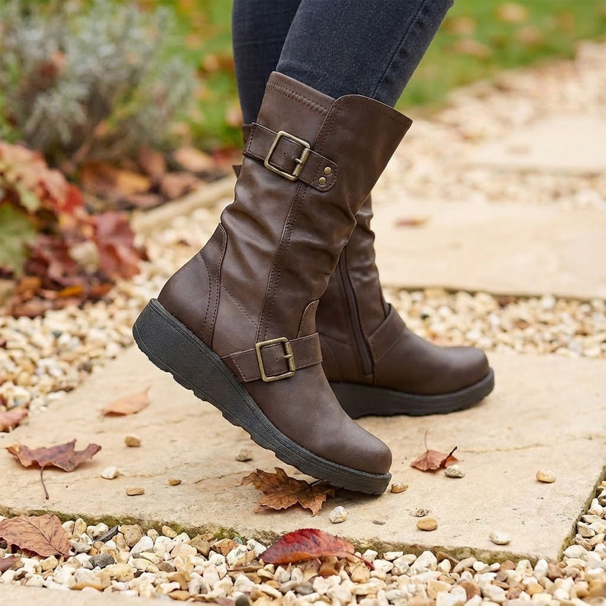 Ladies Mid Wedge Sole High EEE Wide Fit Boots with 2 Buckle Straps - Brown 7960426 3