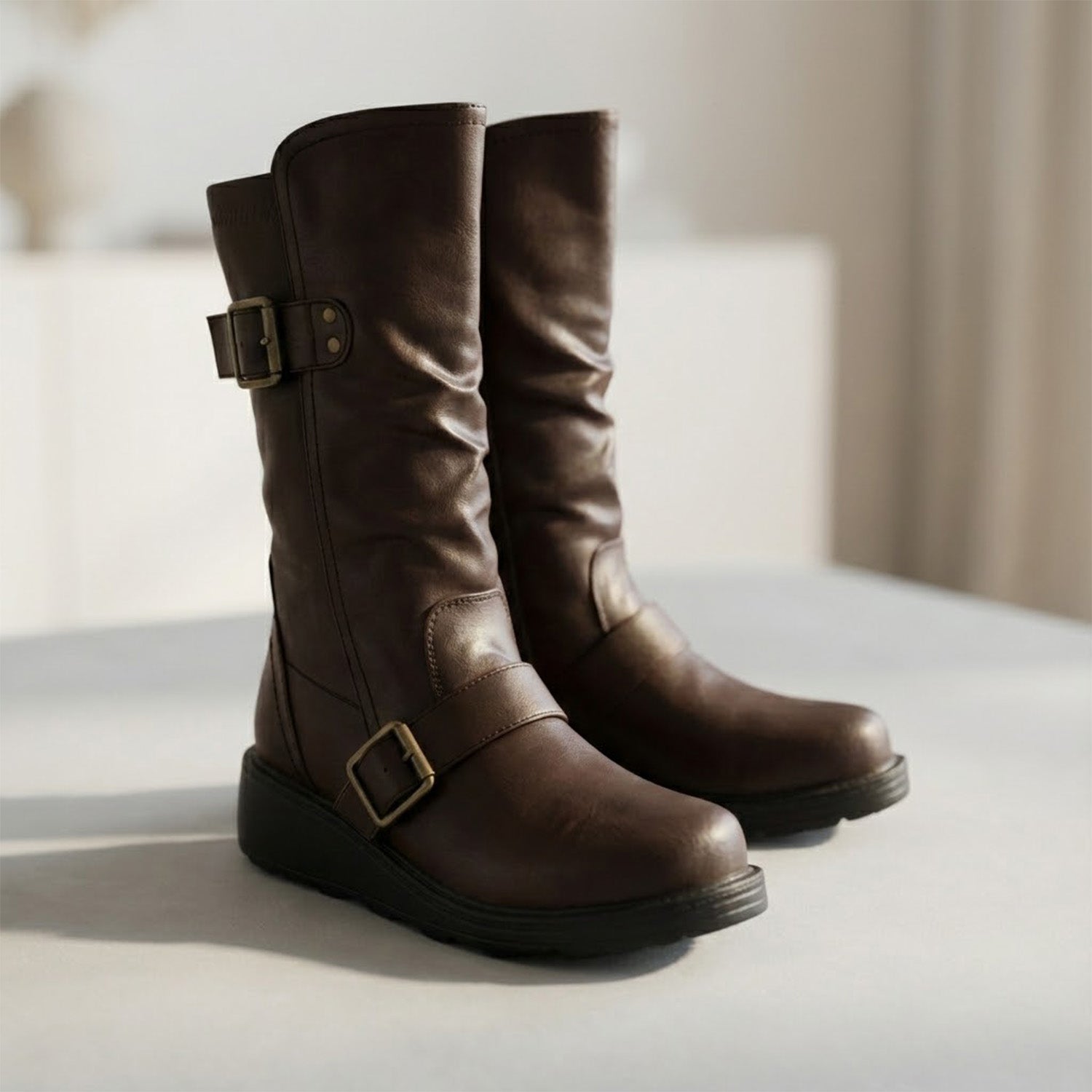 Ladies Mid Wedge Sole High EEE Wide Fit Boots with 2 Buckle Straps - Brown 7960426 4