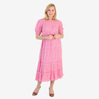 Nabella Ditsy Flower Print Midi Dress with Tiered Skirt (Size 20) - Pink_7961188