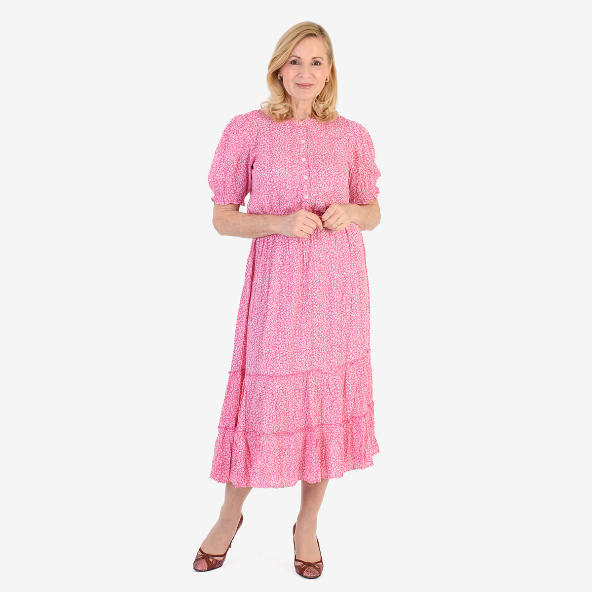 Nabella Ditsy Flower Print Midi Dress with Tiered Skirt (Size 20) - Pink V32516153 0