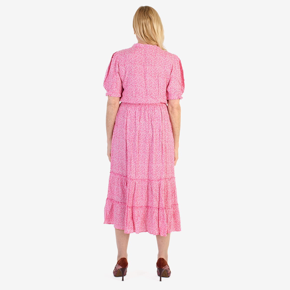 Nabella Ditsy Flower Print Midi Dress with Tiered Skirt (Size 20) - Pink V32516153 2