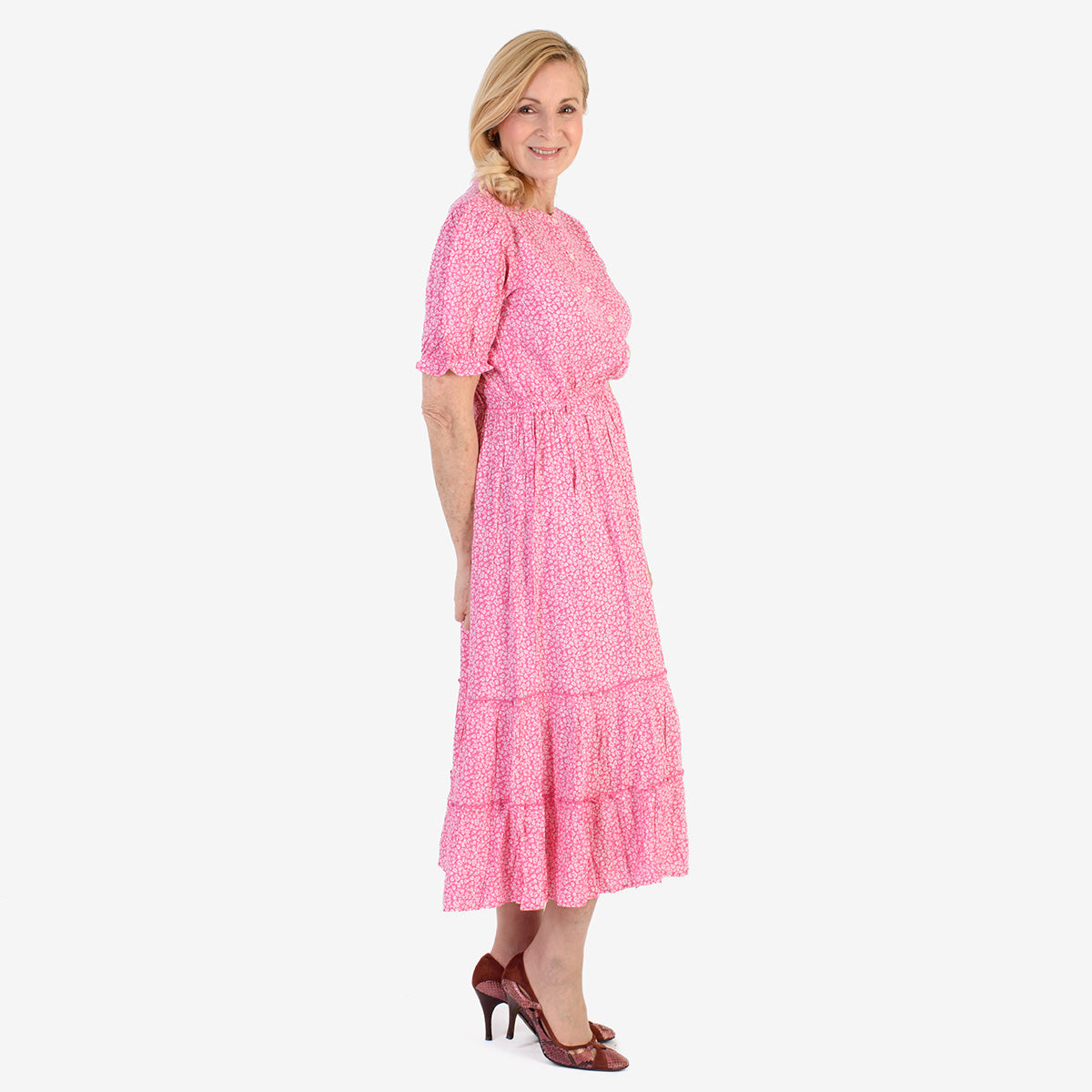 Nabella Ditsy Flower Print Midi Dress with Tiered Skirt (Size 20) - Pink V32516153 3