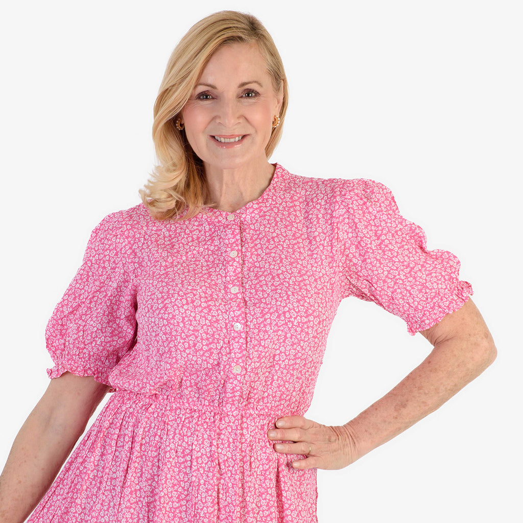 Nabella Ditsy Flower Print Midi Dress with Tiered Skirt (Size 20) - Pink_7961188_4