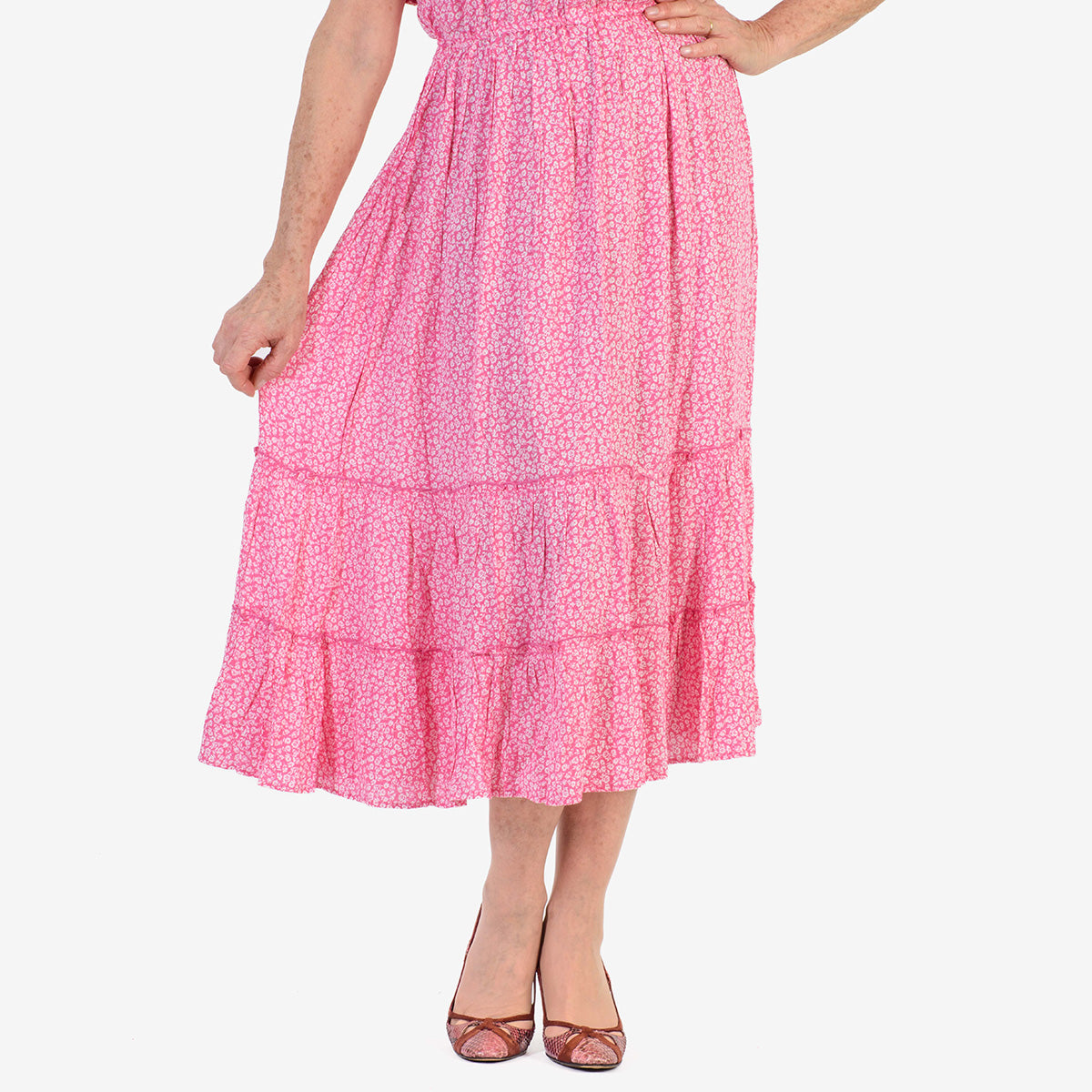 Nabella Ditsy Flower Print Midi Dress with Tiered Skirt (Size 20) - Pink V32516153 5