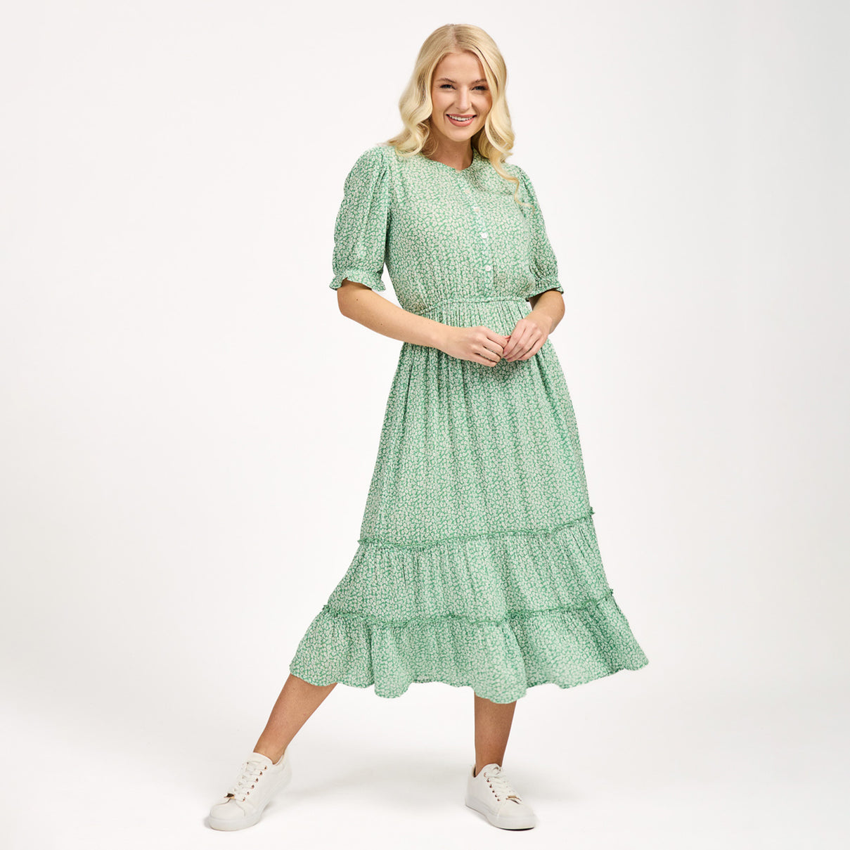 Nabella Ditsy Flower Print Midi Dress with Tiered Skirt V32515660 0