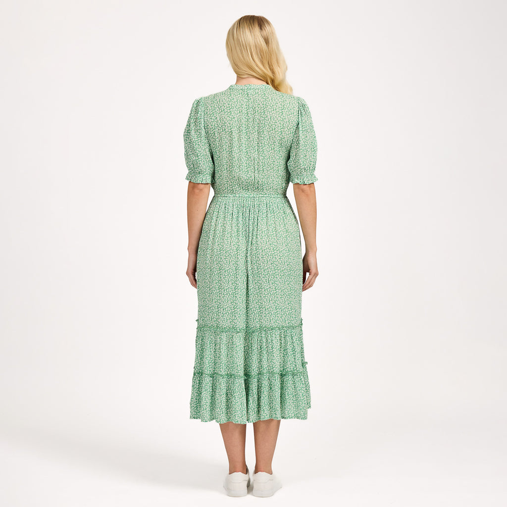 Nabella Ditsy Flower Print Midi Dress with Tiered Skirt (Size 18) - Green_7961192_3