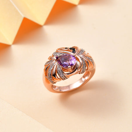 GP Collection - Pink Amethyst, Black Spinel, White Zircon Flamingo Ring in 18K RG Vermeil Sterling Silver 1.32 ct  1.488  Ct. 7961788 2