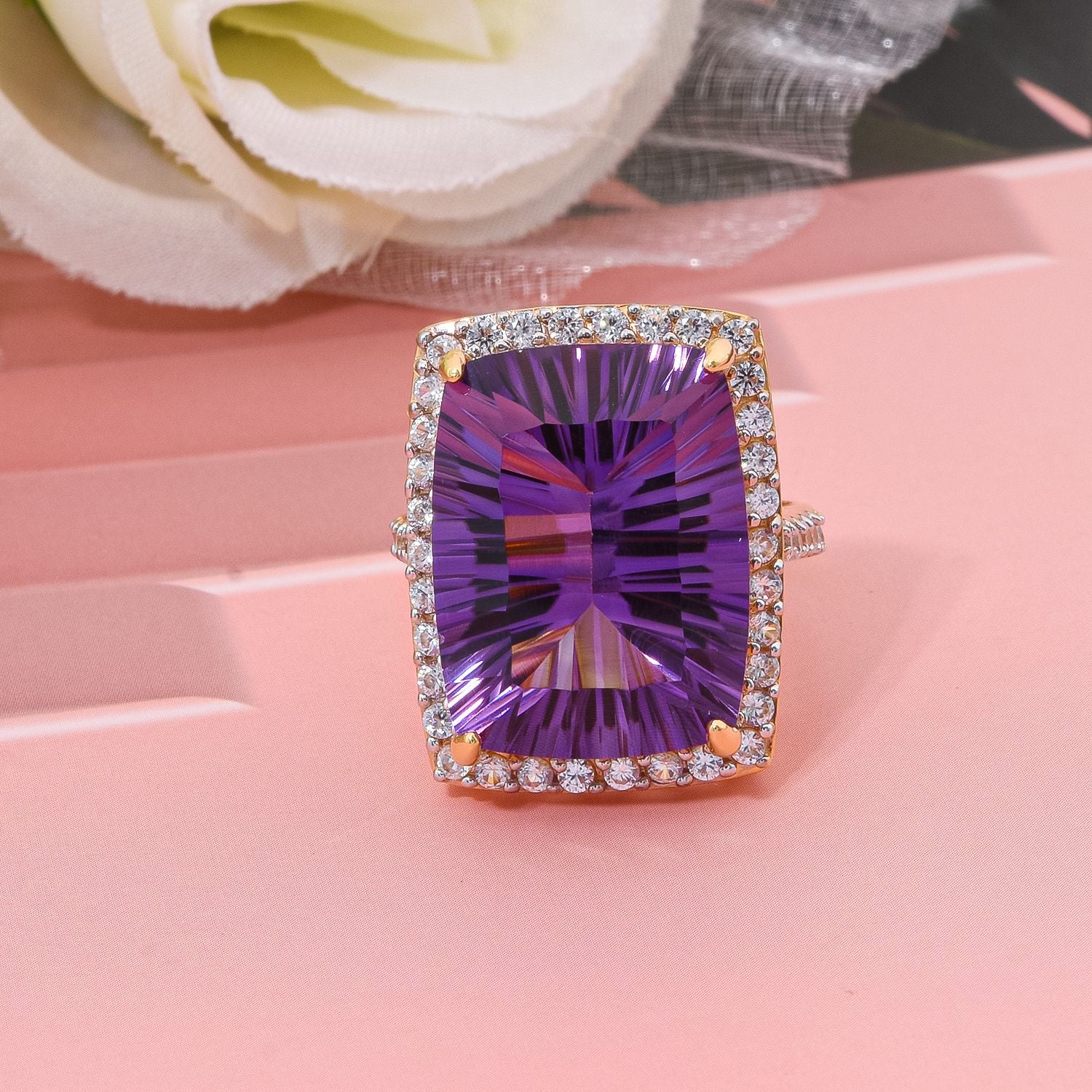 African Amethyst, White Zircon Ring in 18K Vermeil Yellow Gold Plated Sterling Silver 18.30 Ct. V32516641 1
