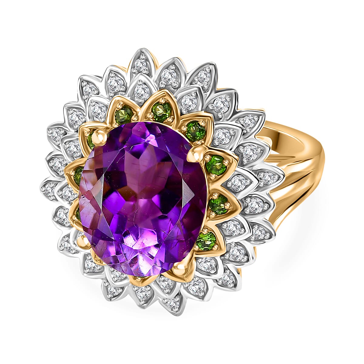 Moroccan Amethyst, Natural Chrome Diopside, White Zircon Floral Ring in 18K Yellow Gold Vermeil Plated Sterling Silver 5.72 ct. V32570296 0