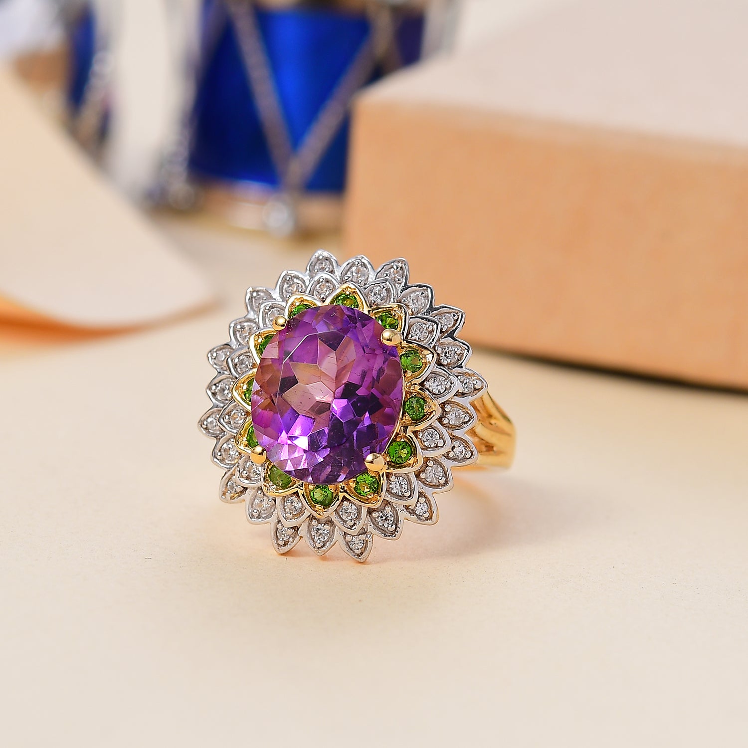 Moroccan Amethyst, Natural Chrome Diopside, White Zircon Floral Ring in 18K Yellow Gold Vermeil Plated Sterling Silver 5.72 ct. V32516288 2