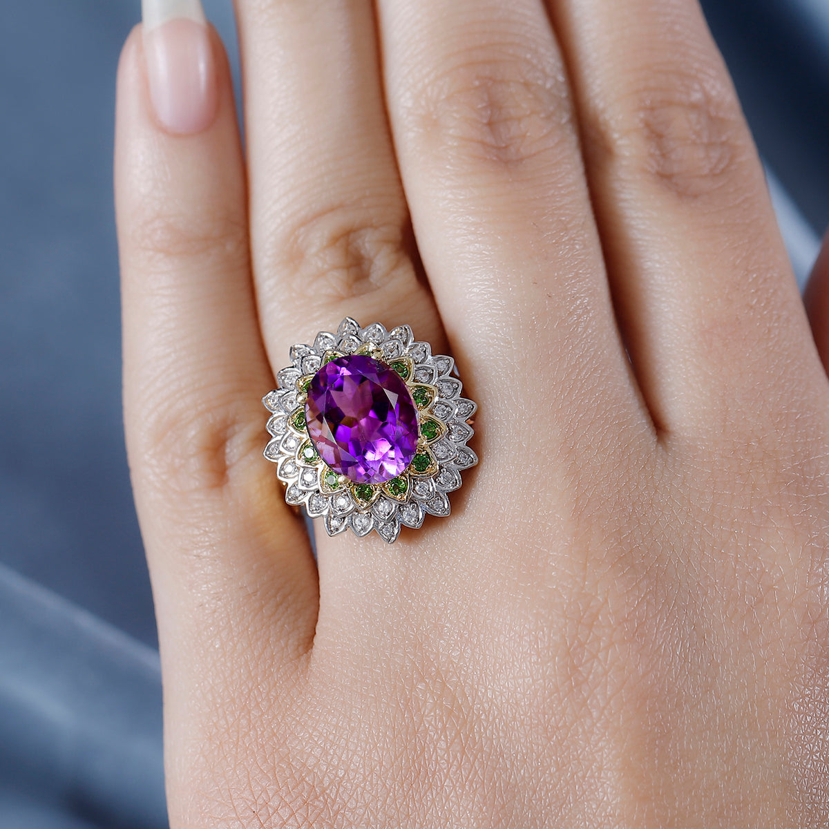 Moroccan Amethyst, Natural Chrome Diopside, White Zircon Floral Ring in 18K Yellow Gold Vermeil Plated Sterling Silver 5.72 ct. V32516288 3