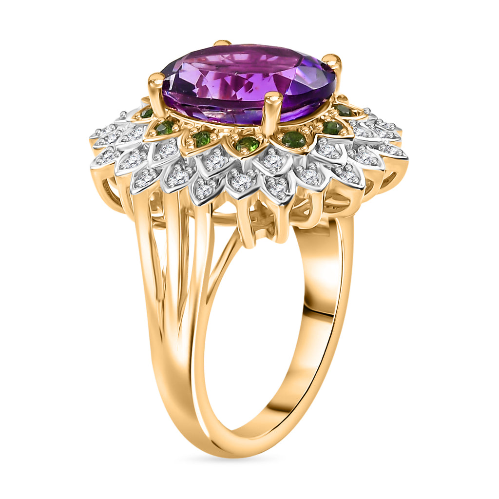 Moroccan Amethyst, Natural Chrome Diopside & White Zircon Floral Ring in 18K Vermeil Yellow Gold Plated Sterling Silver 5.26 Ct._7963990_3