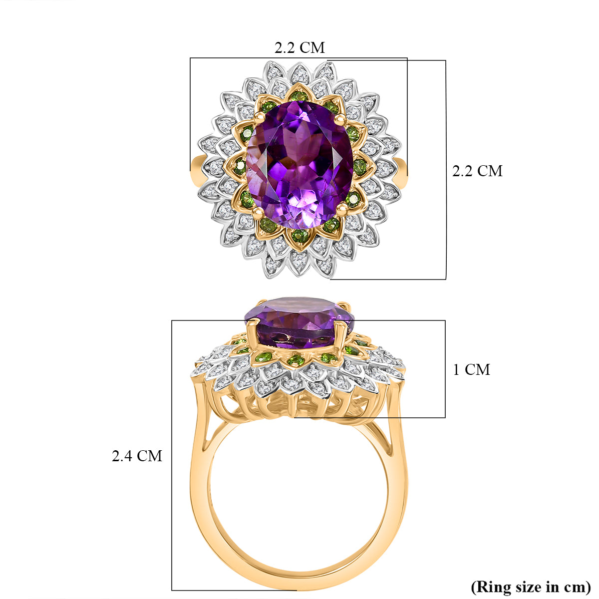 Moroccan Amethyst, Natural Chrome Diopside, White Zircon Floral Ring in 18K Yellow Gold Vermeil Plated Sterling Silver 5.72 ct. V32516288 6