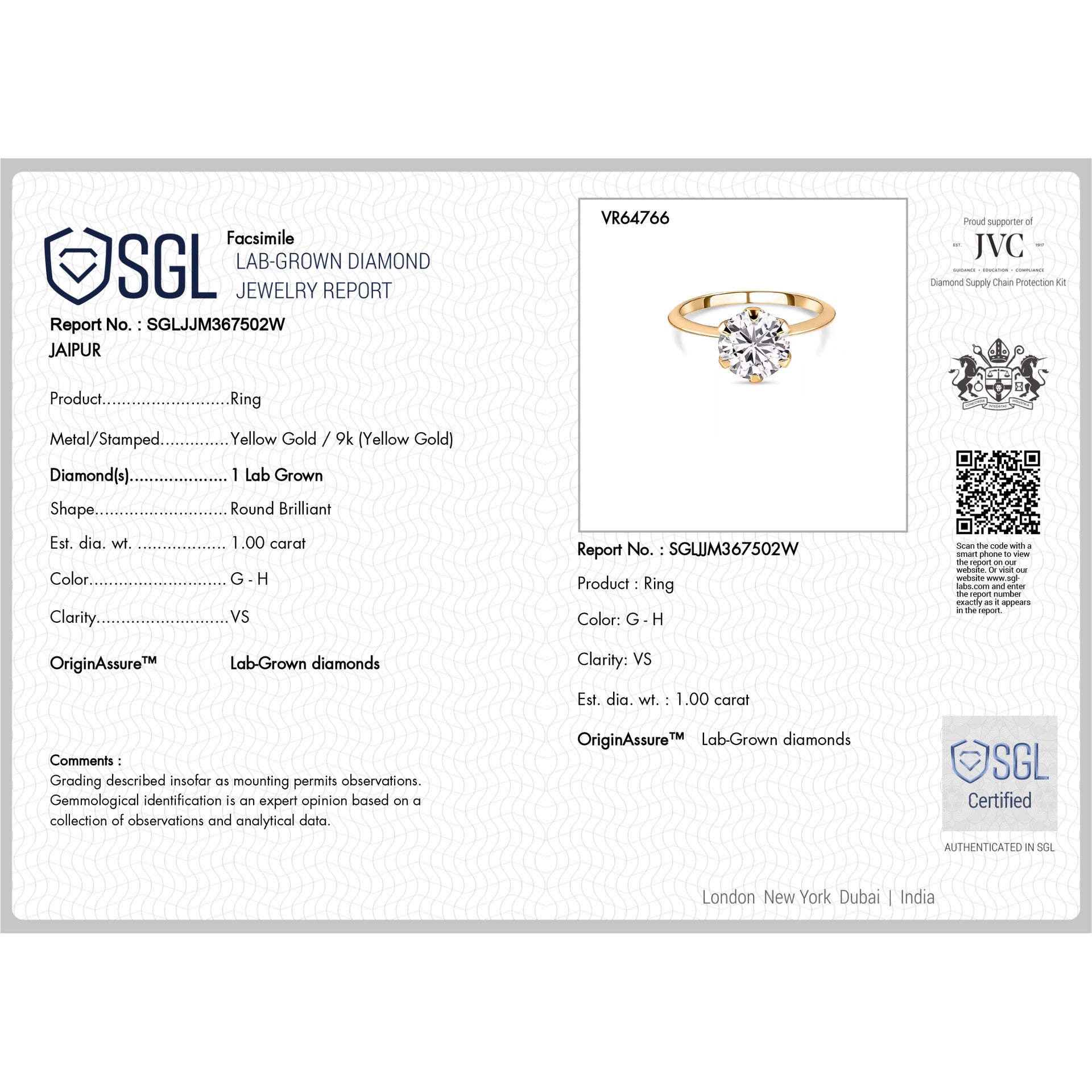 Luxuriant 1 Ct. SGL Certified VS-E/F Lab Grown Diamond Solitaire Ring in 9K Yellow Gold 7965996 7
