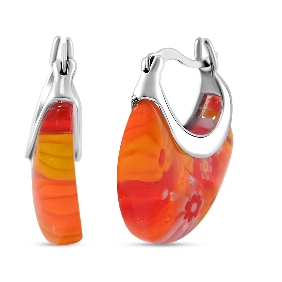 Orange Colour Murano Style Glass Floral Basket Earrings with Clasp in Stainless Steel V32516586 0