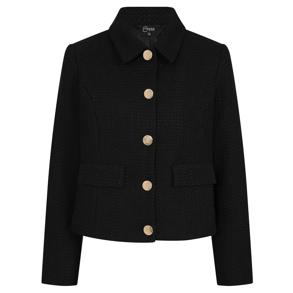 Emreco Classic Collar Cropped Boucle Jacket - Black_7968109_4