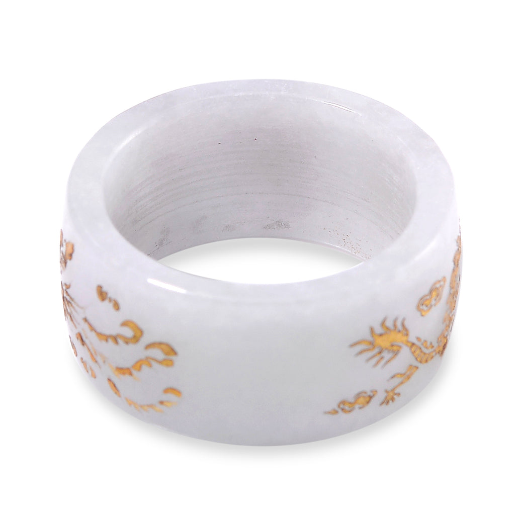 Extreme Rare Find - Natural Type A White Jade Dragon Carved Stone Band Ring 35.00 Ct._7968574_4