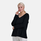 La Marey 100% Cotton V-Neck Long Sleeve Classic Top (Size 12 to 14) - Black_7968708_2