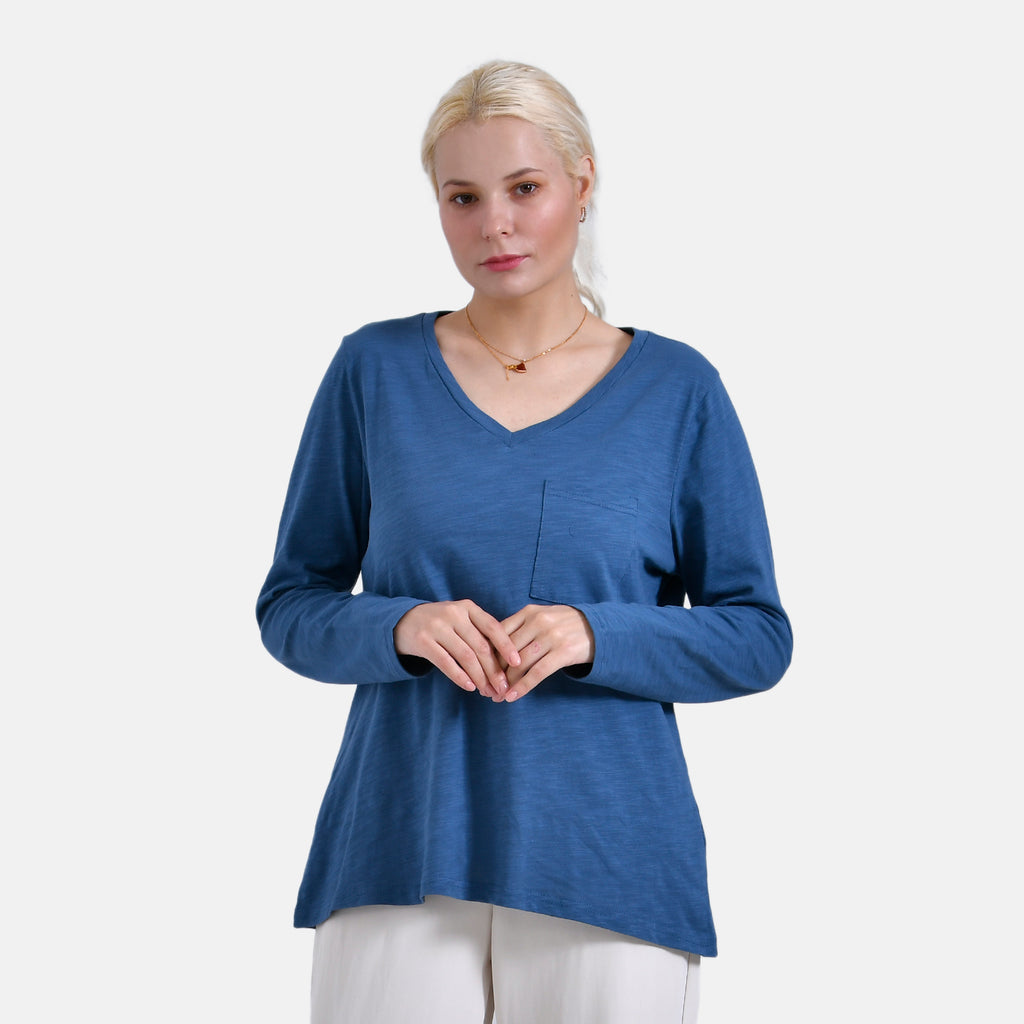 La Marey 100% Cotton V-Neck Long Sleeve Classic Top (Size 12 - 14) - Navy_7968723