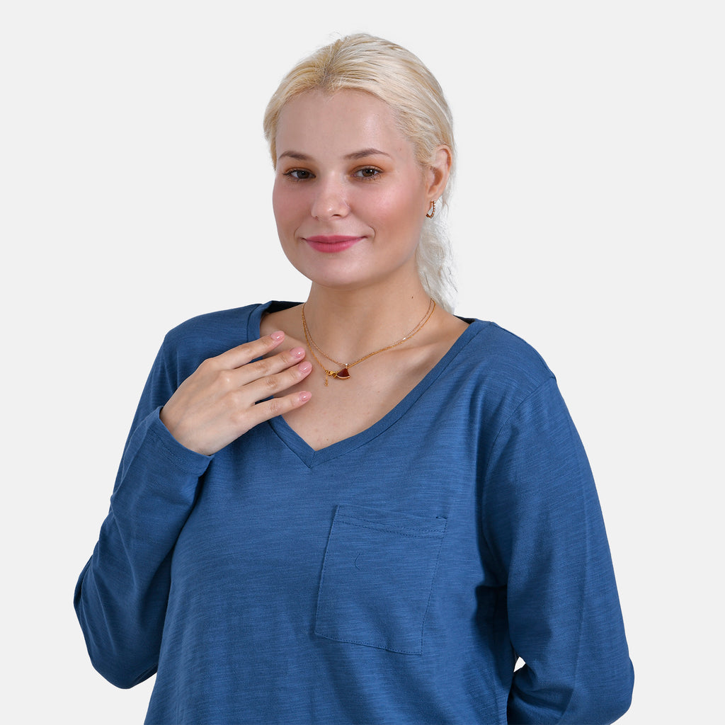 La Marey 100% Cotton V-Neck Long Sleeve Classic Top (Size 12 - 14) - Navy_7968723_4