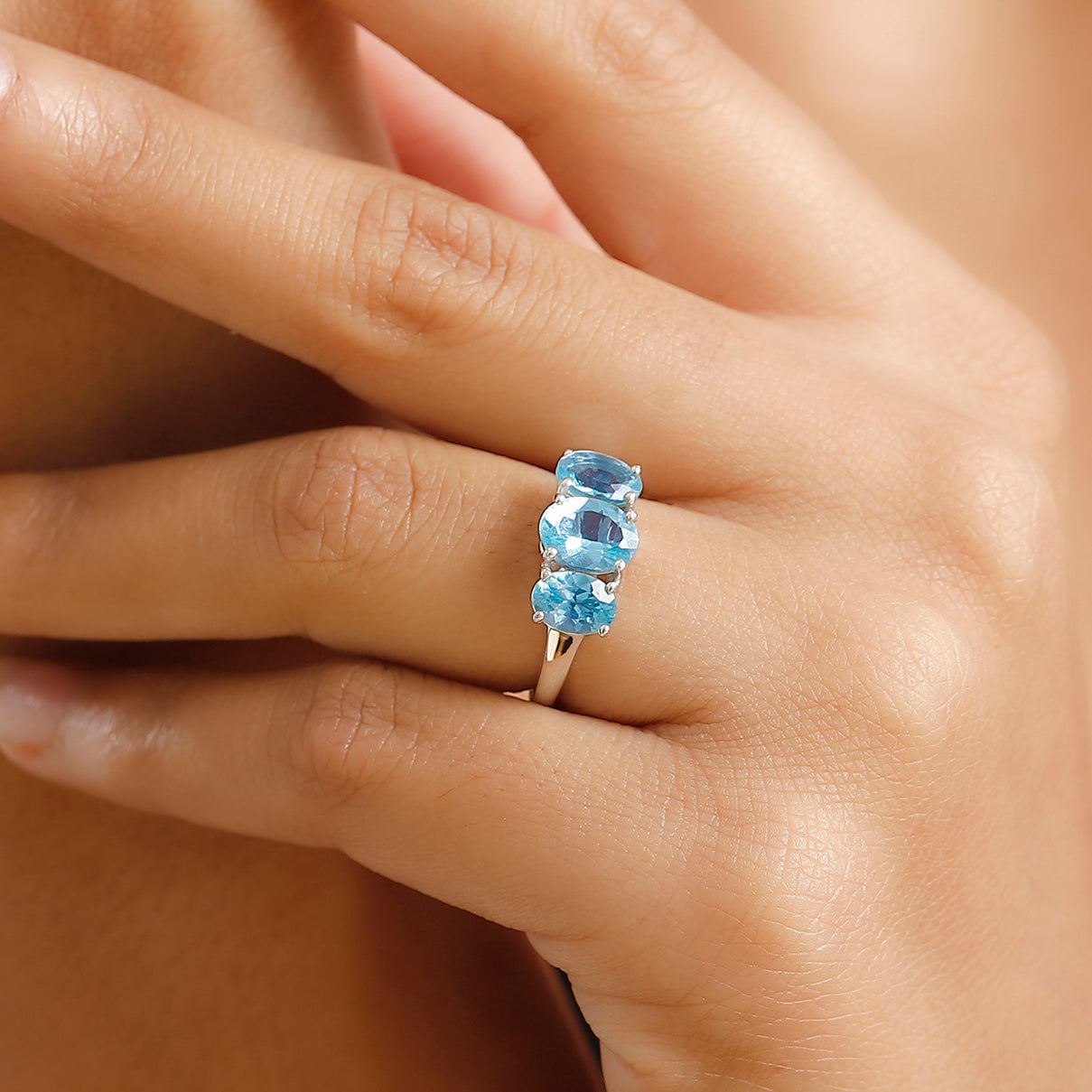 Lagoon Apatite 3-Stone Ring in Rhodium Overlay Sterling Silver 2.64 Cts. V32525565 3