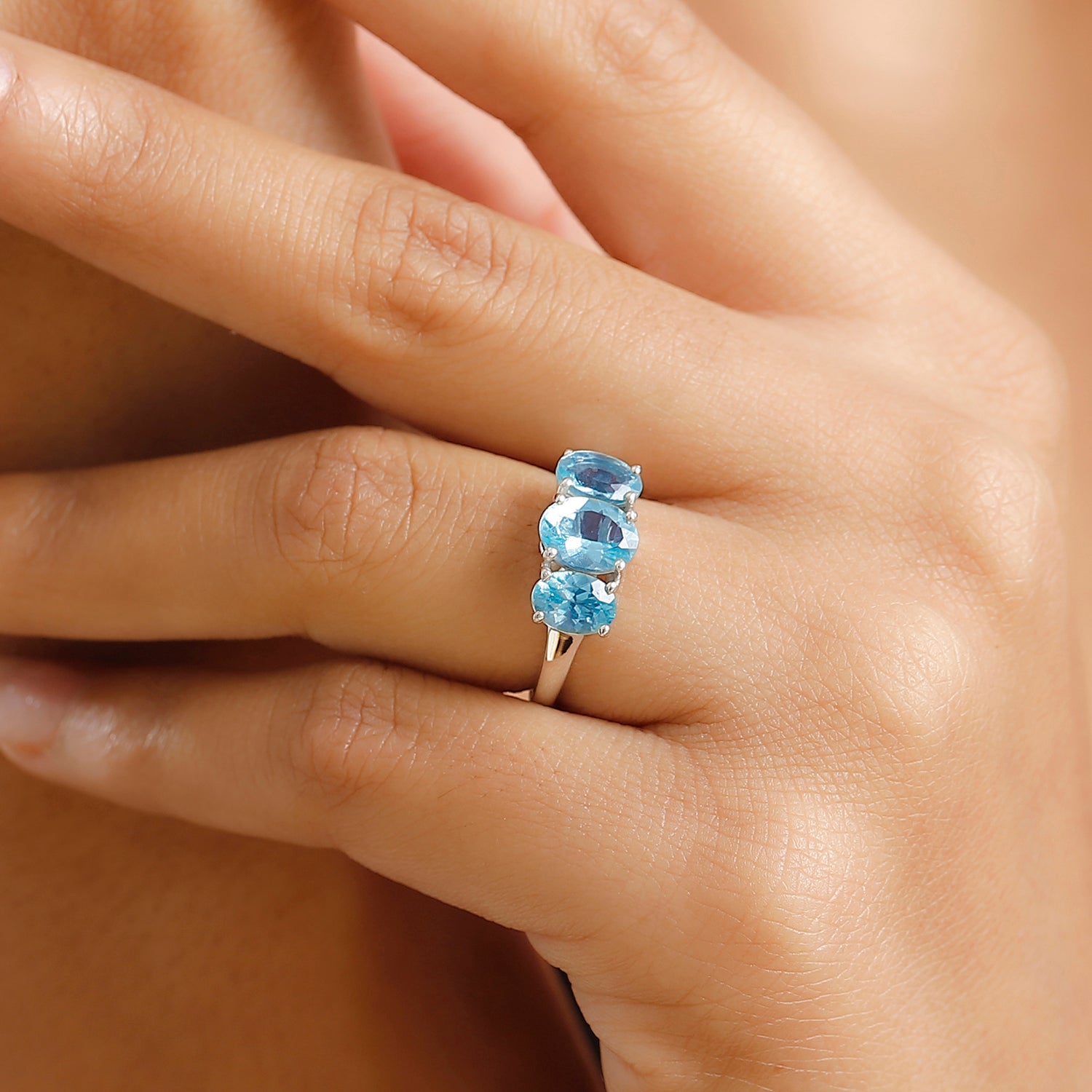 Lagoon Apatite 3-Stone Ring in Rhodium Overlay Sterling Silver 2.64 Cts. V32525565 3