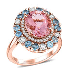 Luxoro - 10K Rose Gold AGI Certified AAA Pink Morganite, AAA Santamaria Aquamarine & White Diamond Halo Ring 4.85 Ct, Gold Wt. 5.55 Gms_7972298