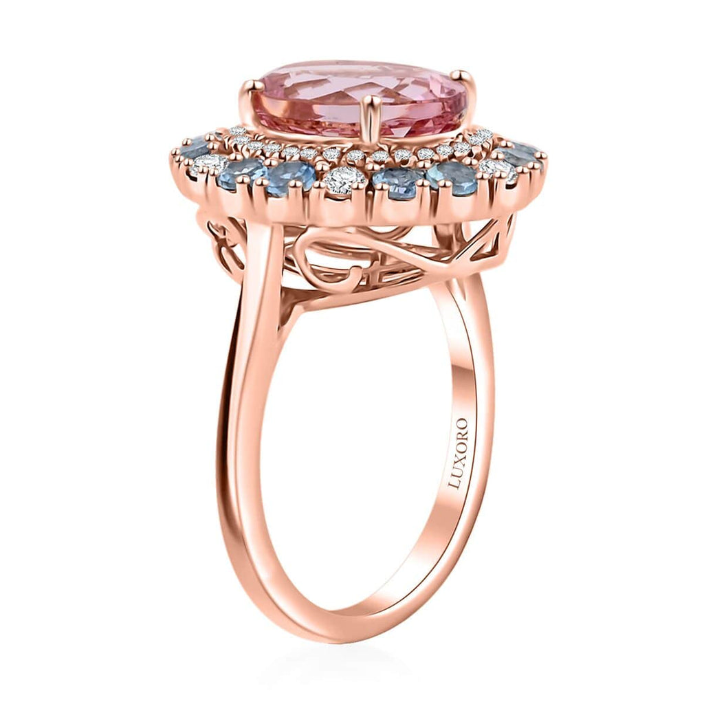 Luxoro - 10K Rose Gold AGI Certified AAA Pink Morganite, AAA Santamaria Aquamarine & White Diamond Halo Ring 4.85 Ct, Gold Wt. 5.55 Gms_7972298_3