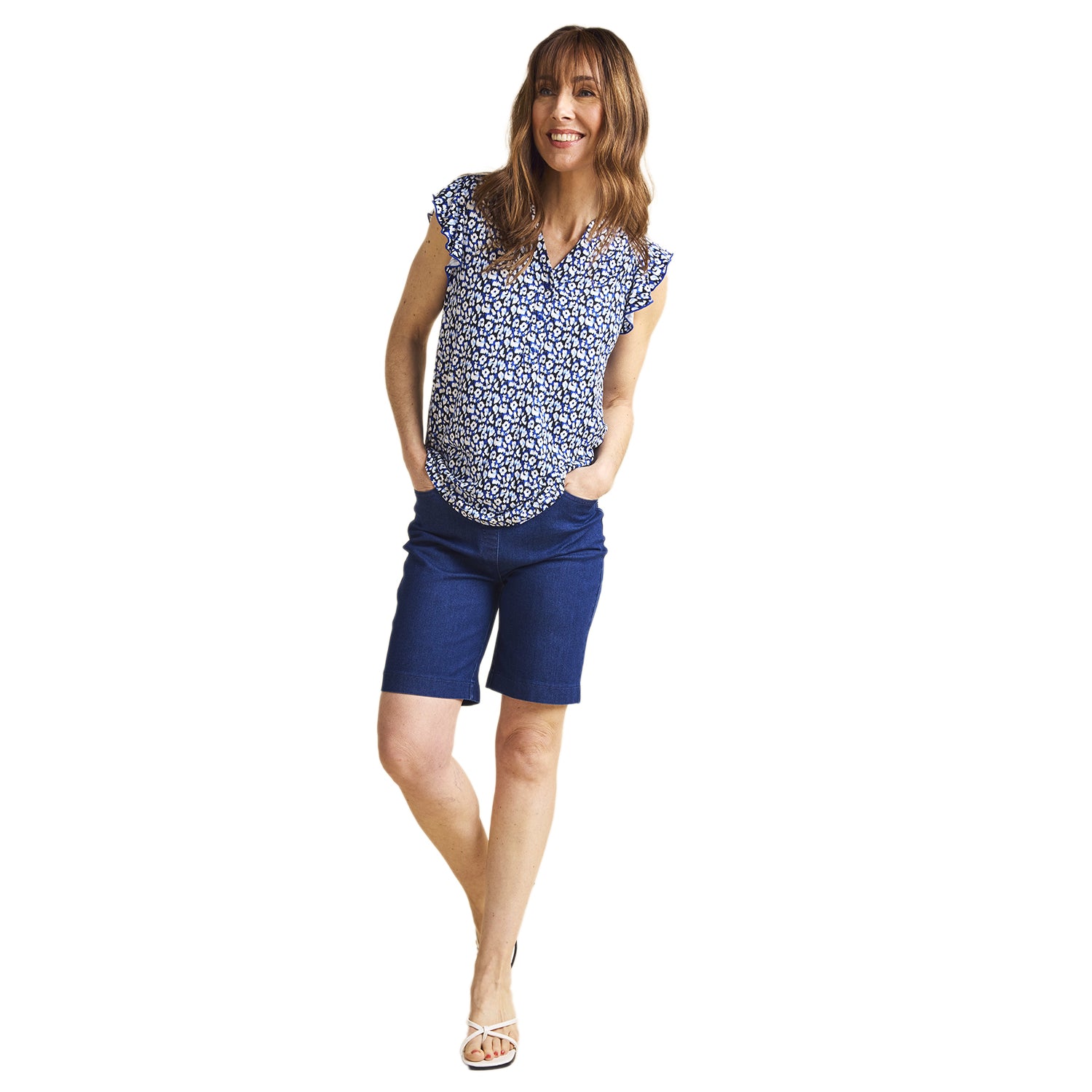 Emreco Blue Animal Print Inspired V-Neck Flutter Sleeve Top V32528025 1