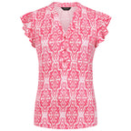 Emreco Stylish Ikat Print Inspired V-Neck Flutter Sleeve Top ( Size - 10 ) - Pink_7972337