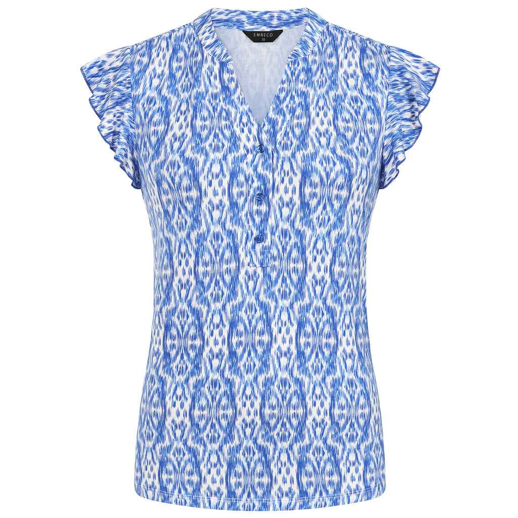 Emreco Ikat Print V-Neck Sleeveless Frill Top (Size 18) - Geo Tile_7972347