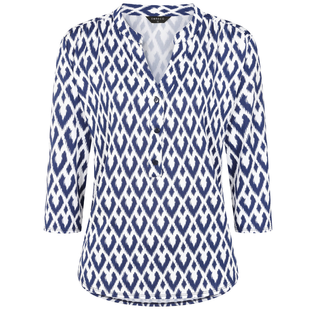 Emreco 3/4 Sleeve Printed Mandarin Collar Blouse (Size 16) - White Base With Blue Details_7972451_2