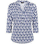 Emreco 3/4 Sleeve Printed Mandarin Collar Blouse (Size 16) - White Base With Blue Details_7972451_2