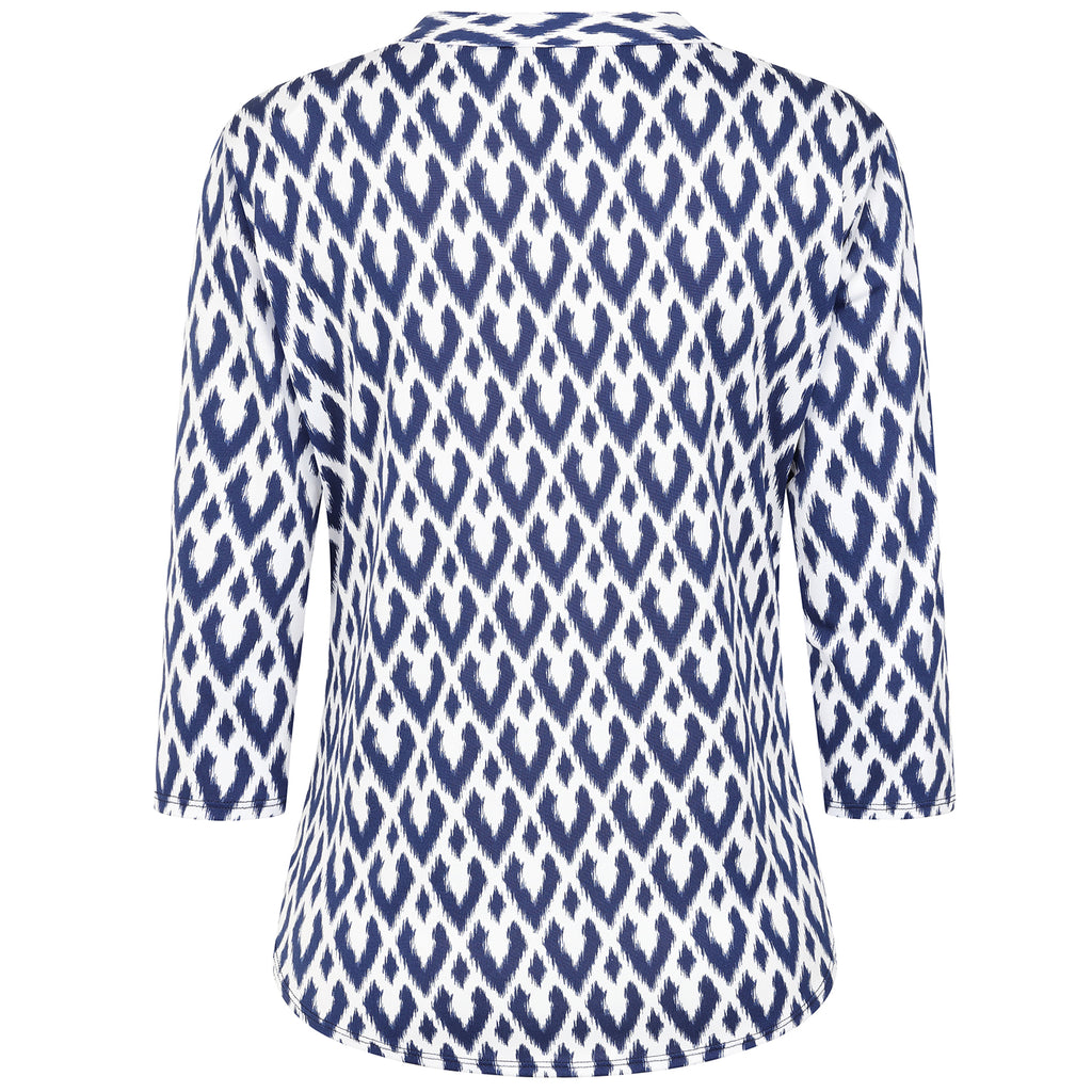 Emreco 3/4 Sleeve Printed Mandarin Collar Blouse (Size 16) - White Base With Blue Details_7972451_3