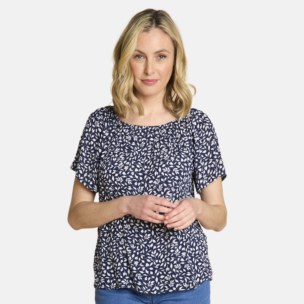 Emreco Casual Leaf Print Top - Short Sleeve and Versatile Off-Shoulder Style V32515299 0
