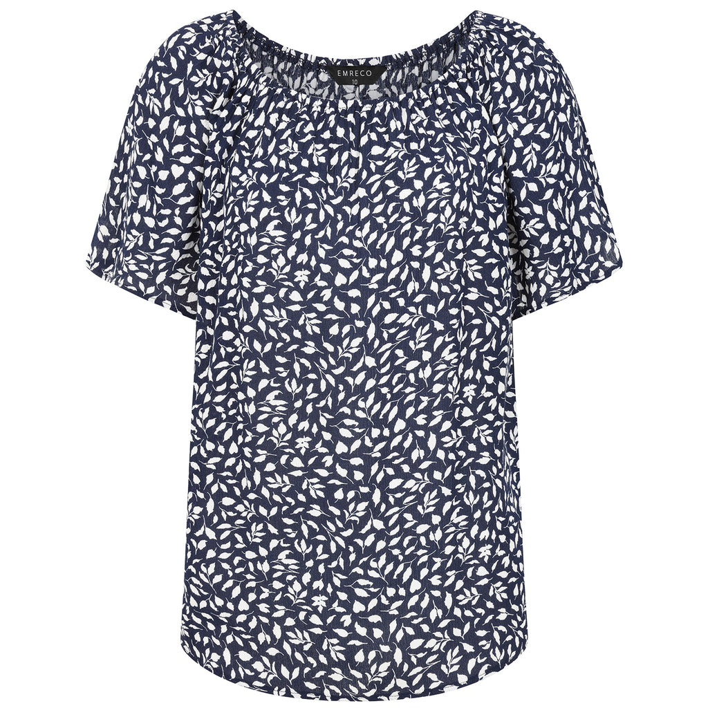Emreco Casual Leaf Print Top - Short Sleeve & Versatile Off-Shoulder Style (Size 18) - Navy_7972551_1