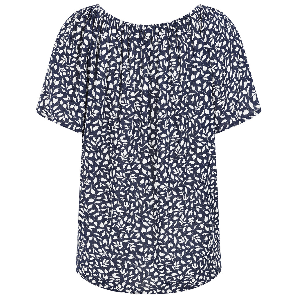 Emreco Casual Leaf Print Top - Short Sleeve & Versatile Off-Shoulder Style (Size 18) - Navy_7972551_2