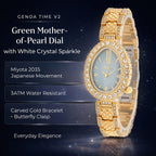 GENOA TIME V2 Miyota 2035 Japan Movement 3ATM Water Resistant White Crystal & Green MOP Dial Watch with Gold Colour Carving Strap