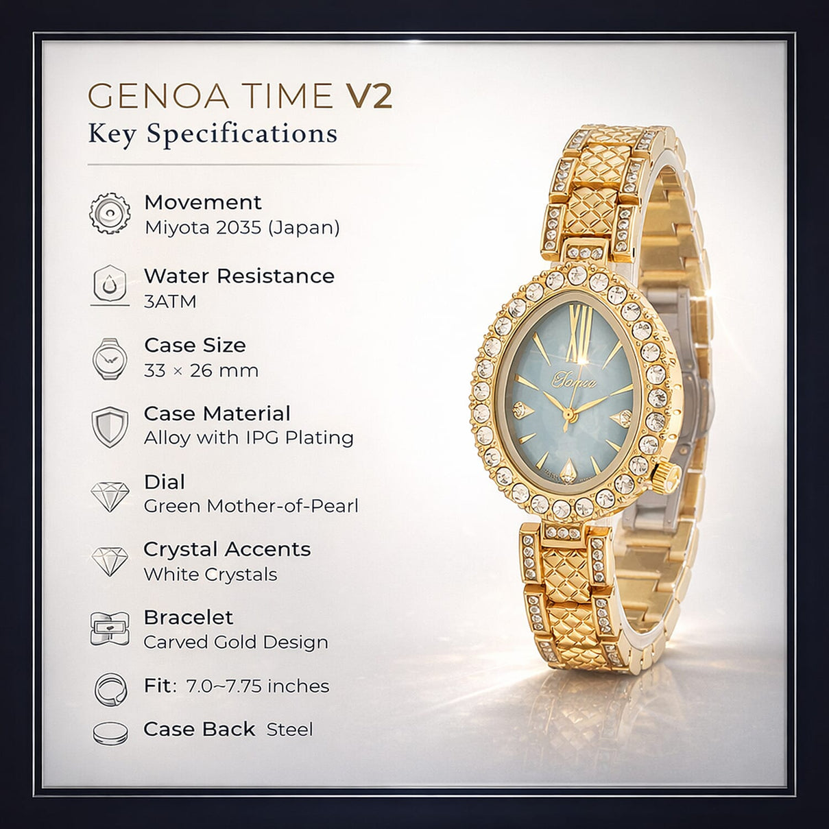 GENOA TIME V2 Miyota 2035 Japan Movement 3ATM Water Resistant White Crystal &amp; Green MOP Dial Watch with Gold Colour Carving Strap 7973879 3