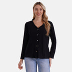 La Marey 100% Cotton Stylish Button-Up Long Sleeve Shirt with Frill Collar (Size 16 to 18) - Black_7976779