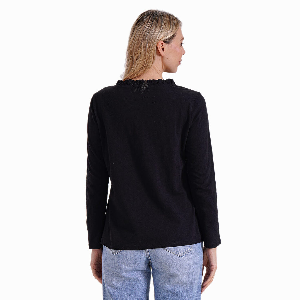 La Marey 100% Cotton Stylish Button-Up Long Sleeve Shirt with Frill Collar (Size 16 to 18) - Black_7976779_1