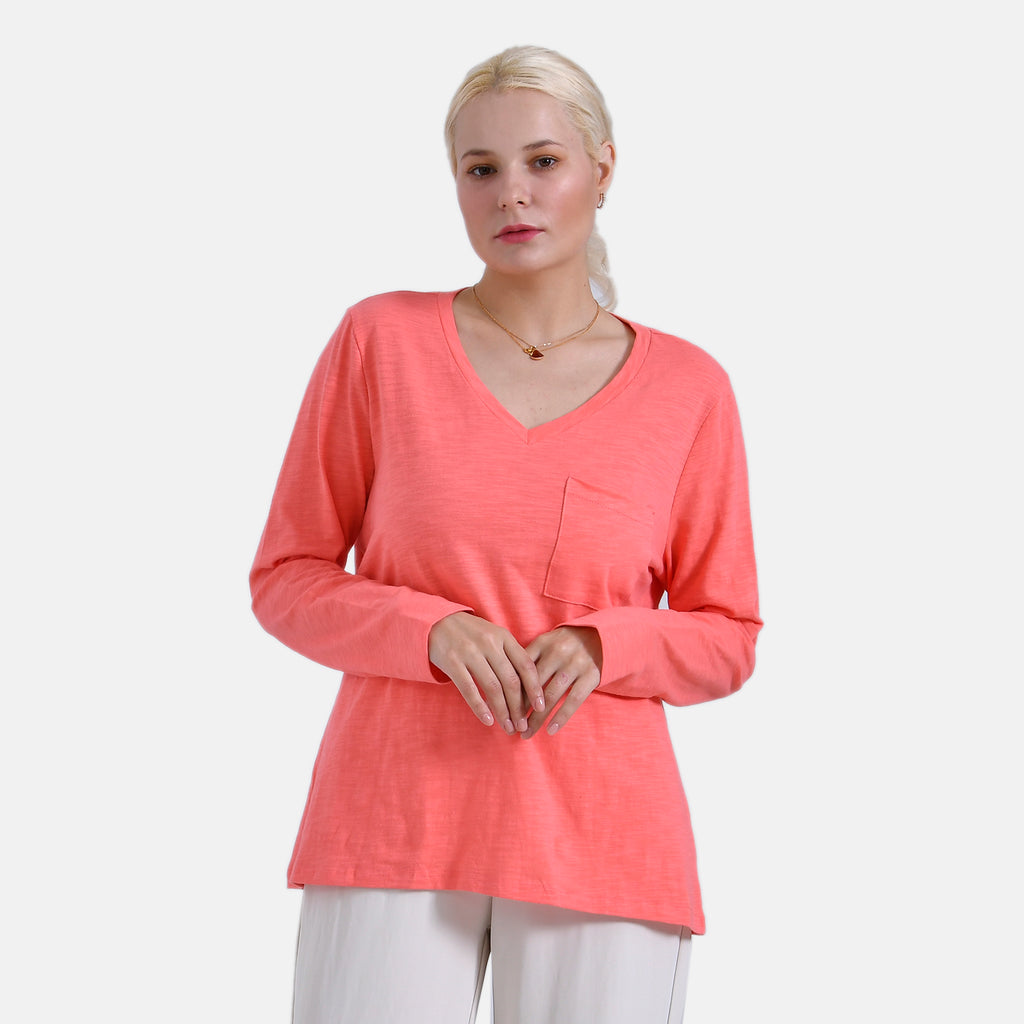 La Marey 100% Cotton Long Sleeve V-Neck Top (Size 12 to 14) - Red_7977912