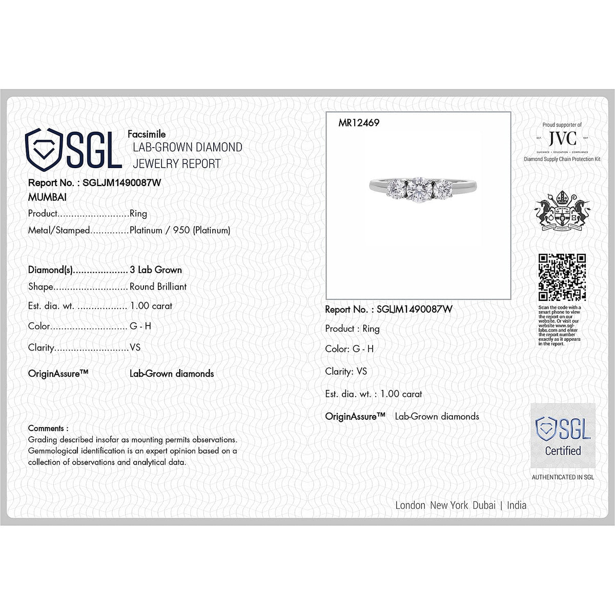 LUXURIANT 1 Ct. Lab Grown Diamond (VS-G/H) Trilogy Ring in 950 Platinum SGL Certified 7979473 7