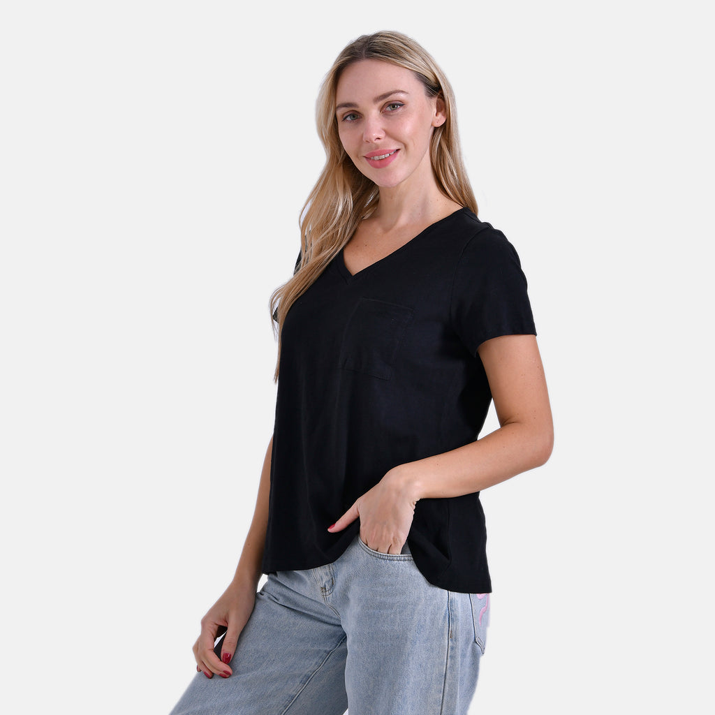 La Marey 100% Cotton Short Sleeve V-Neck Casual Top (Size L) - Black_7979979_2
