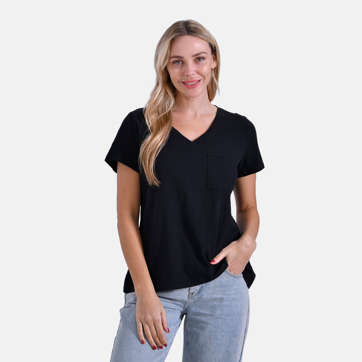 La Marey 100% Cotton Short Sleeve V-Neck Casual Top (Size L) - Black V32564780 4