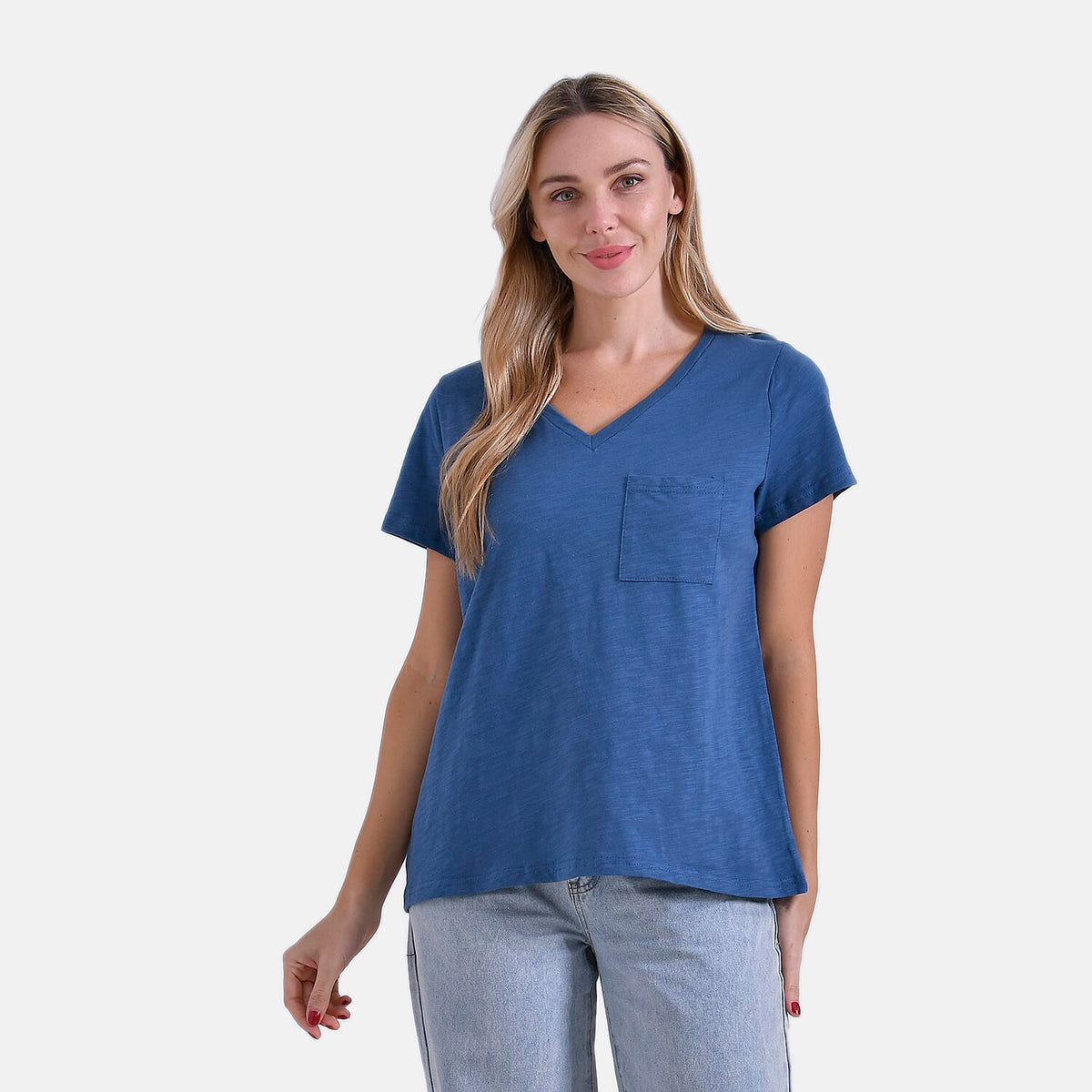 La Marey 100% Cotton Short Sleeve V-Neck Casual Top (Size 14-16) - Navy V32566316 0