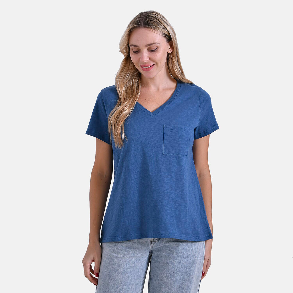 La Marey 100% Cotton Short Sleeve V-Neck Casual Top (Size 14-16) - Navy_7980016_3