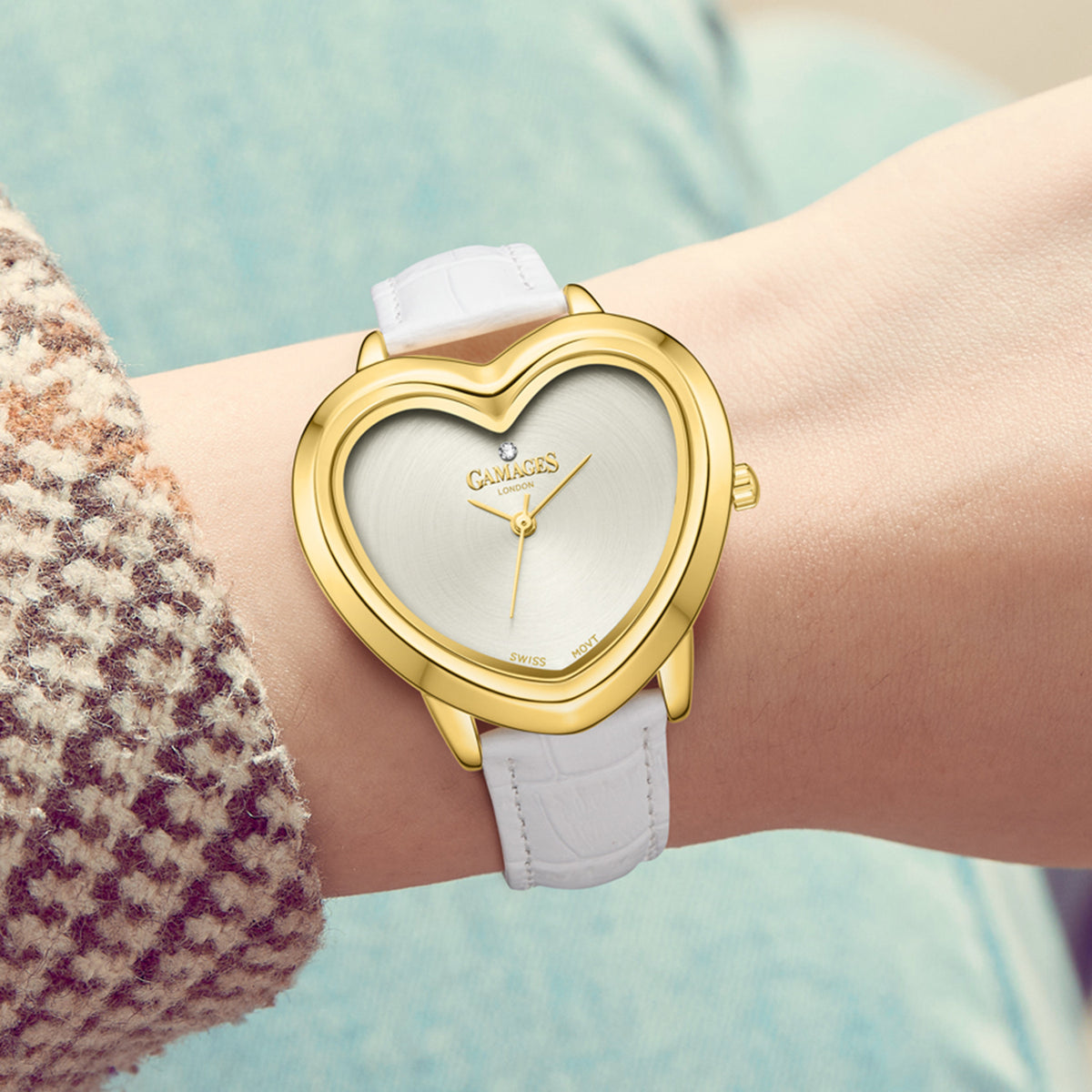 Gamages Of London Limited Edition Sweet Heart Ladies Swiss Movement Diamond Watch With Leather Strap - White V32515313 2